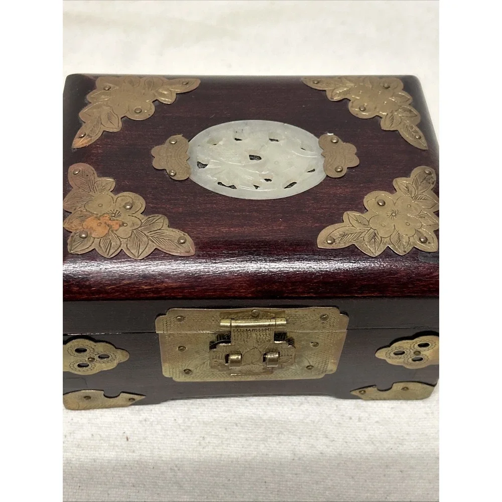 Vintage Jewelry Box Asian Oriental Chinese Ornate Brass Wood Jade Like Carving